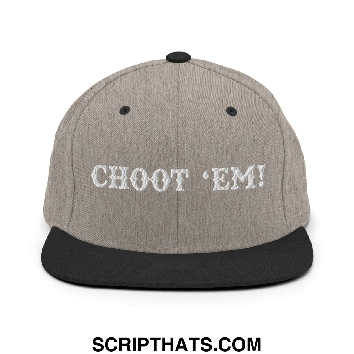 Gray heather snapback cap with black brim and embroidered white choot em text featuring flat bill design