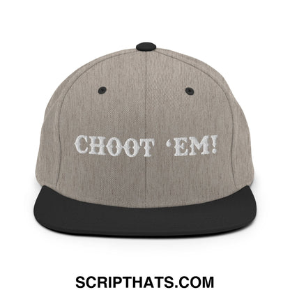 Gray heather snapback cap with black brim and embroidered white choot em text featuring flat bill design