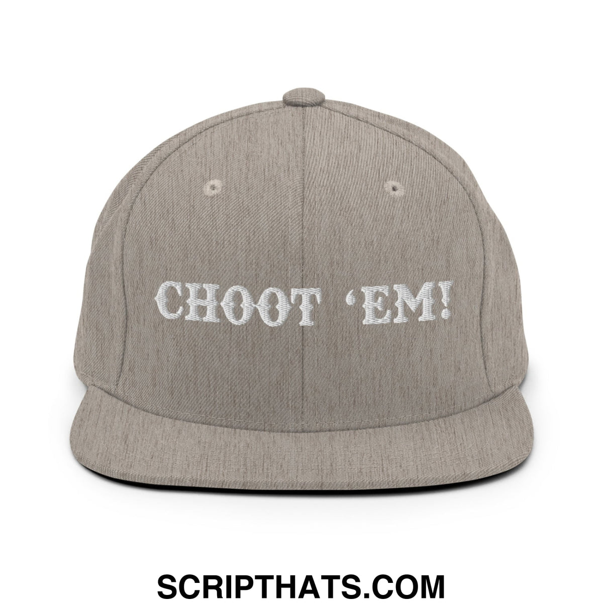 Gray heather snapback cap with white embroidered choot em text flat bill brim design