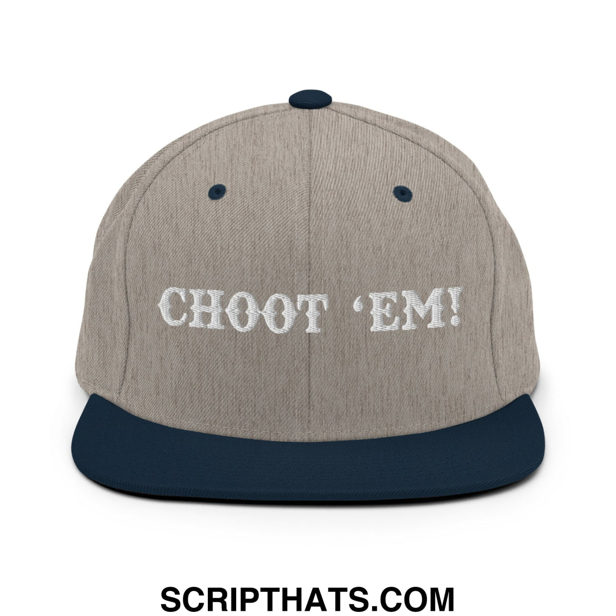 Gray and navy blue snapback cap with white embroidered choot em text and flat bill brim for casual wear