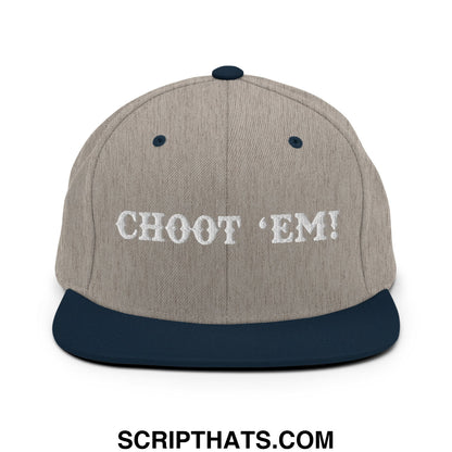 Gray and navy blue snapback cap with white embroidered choot em text and flat bill brim for casual wear