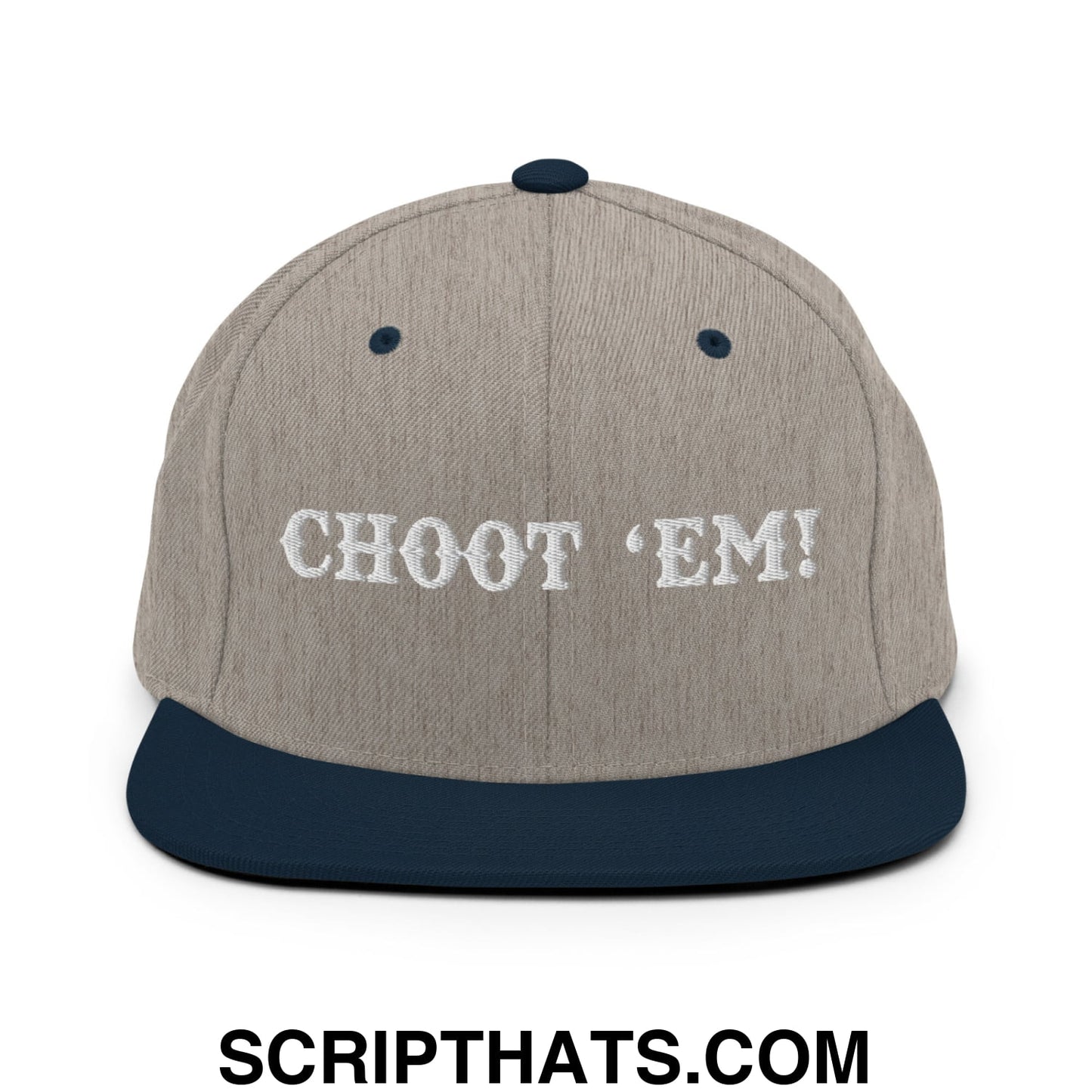 Choot 'em! Embroidered Flat Bill Brim Snapback Hat Heather Grey Navy
