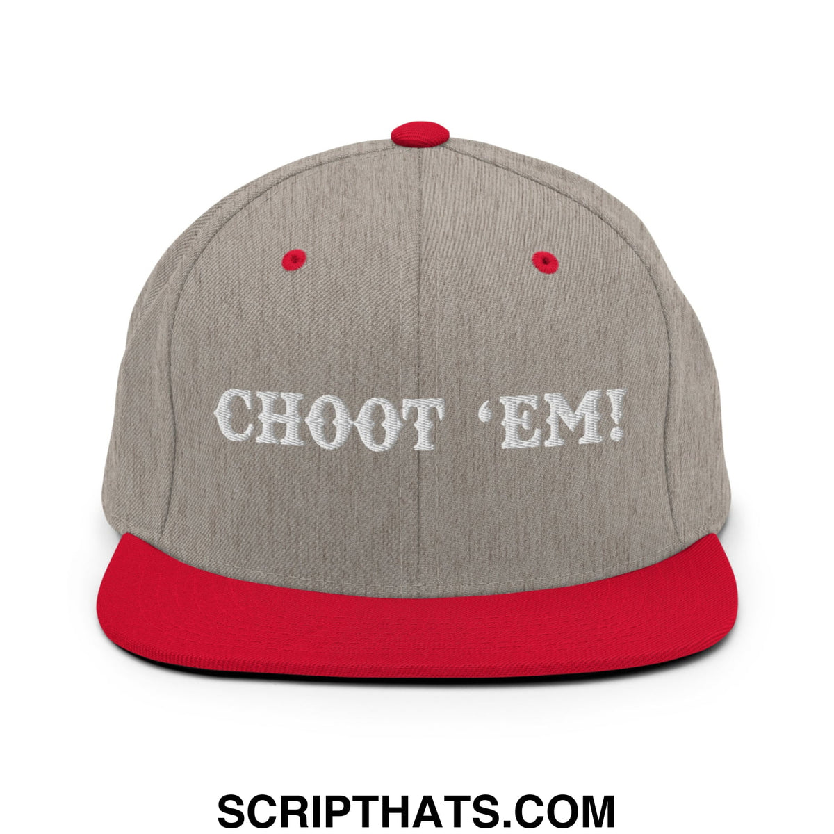 Gray and red snapback hat with white embroidered choot em flat bill brim for casual streetwear use