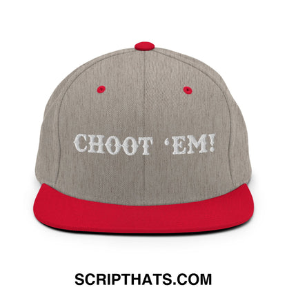 Gray and red snapback hat with white embroidered choot em flat bill brim for casual streetwear use