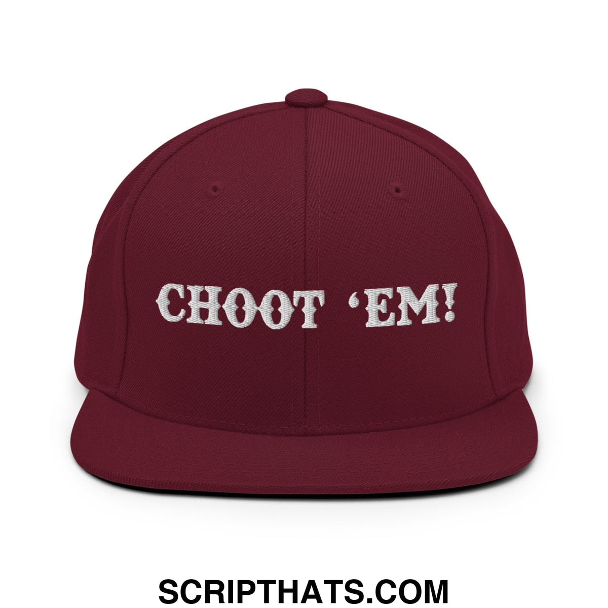Maroon snapback hat with white embroidered choot em flat bill brim for casual streetwear style
