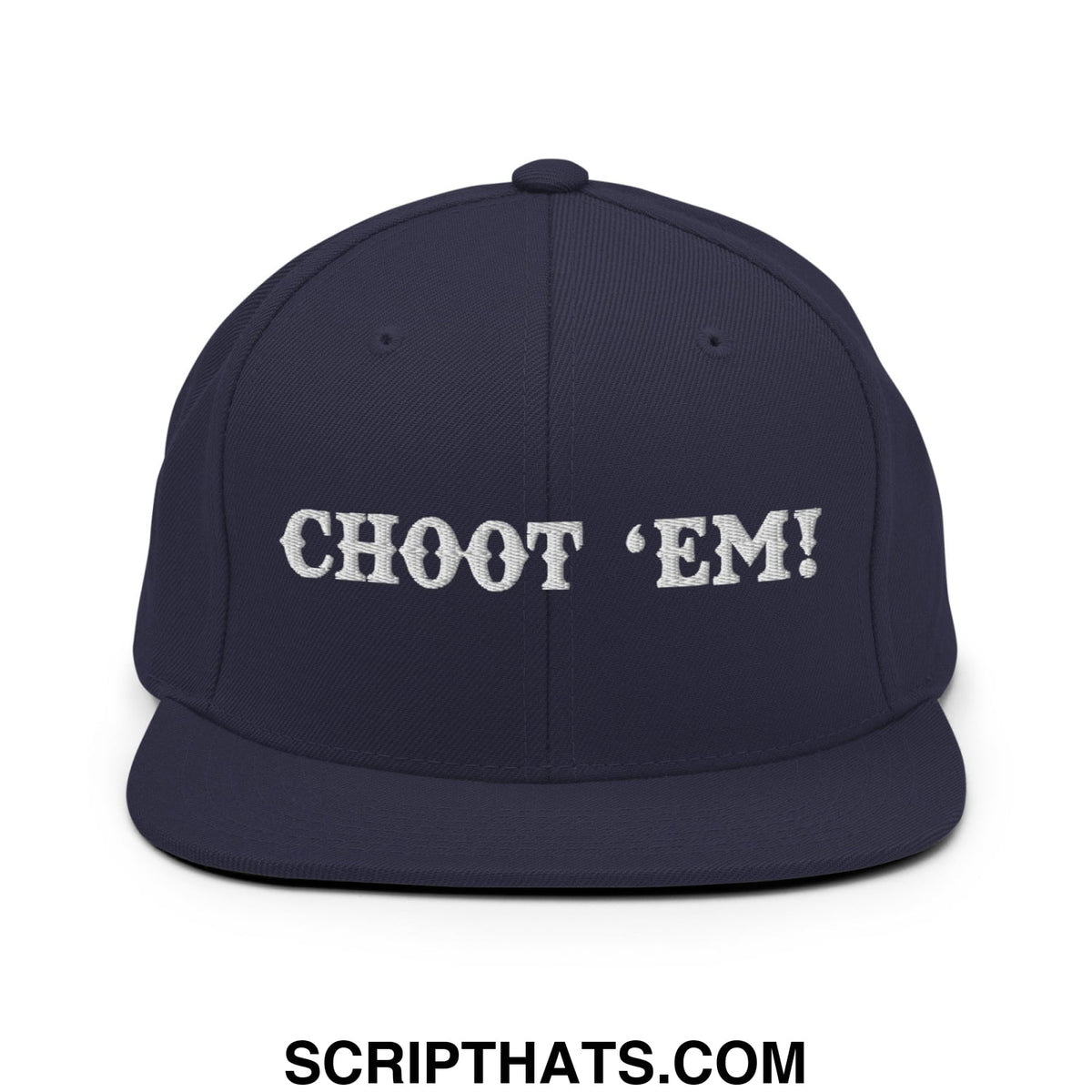 Navy blue snapback hat with white embroidered choot em text and a flat bill brim for casual wear