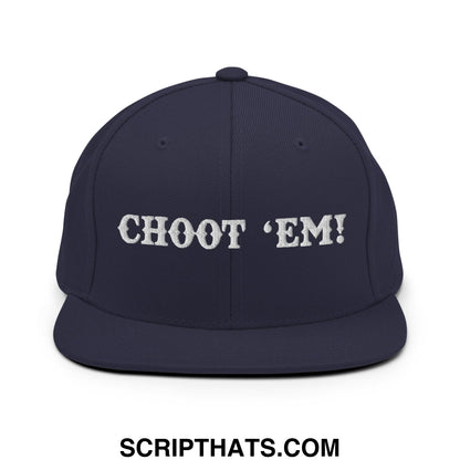 Navy blue snapback hat with white embroidered choot em text and a flat bill brim for casual wear