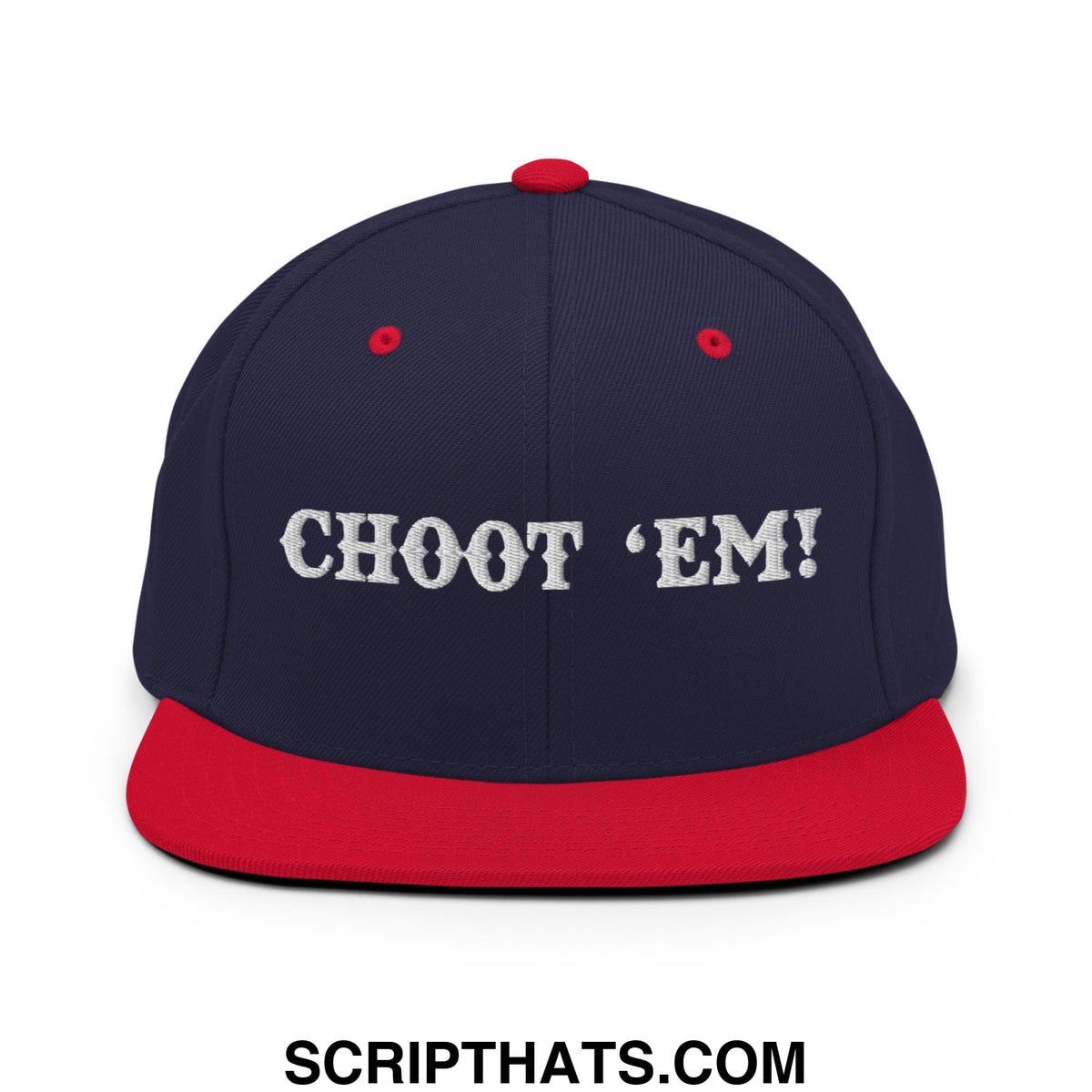 Navy blue and red snapback hat with white embroidered choot em flat bill brim design for casual wear