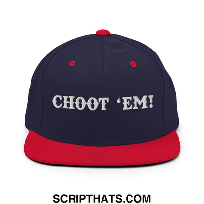 Navy blue and red snapback hat with white embroidered choot em flat bill brim design for casual wear