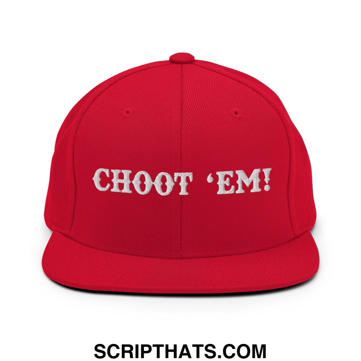 Red snapback cap with white embroidered choot em flat bill brim perfect for casual streetwear style