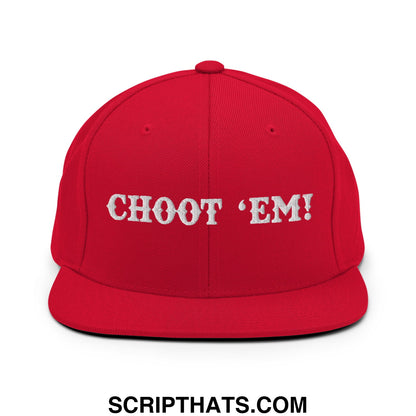 Red snapback cap with white embroidered choot em flat bill brim perfect for casual streetwear style