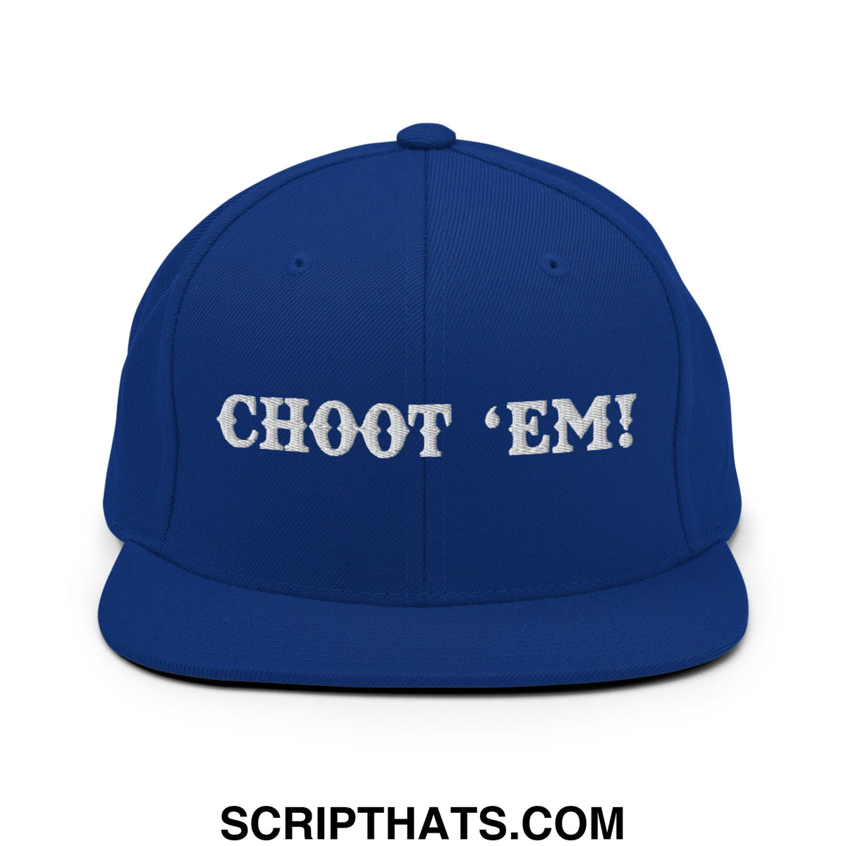 Royal blue snapback cap with white embroidered choot em flat bill brim for casual streetwear style