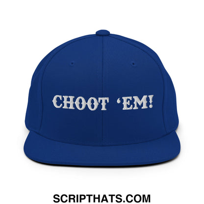Royal blue snapback cap with white embroidered choot em flat bill brim for casual streetwear style