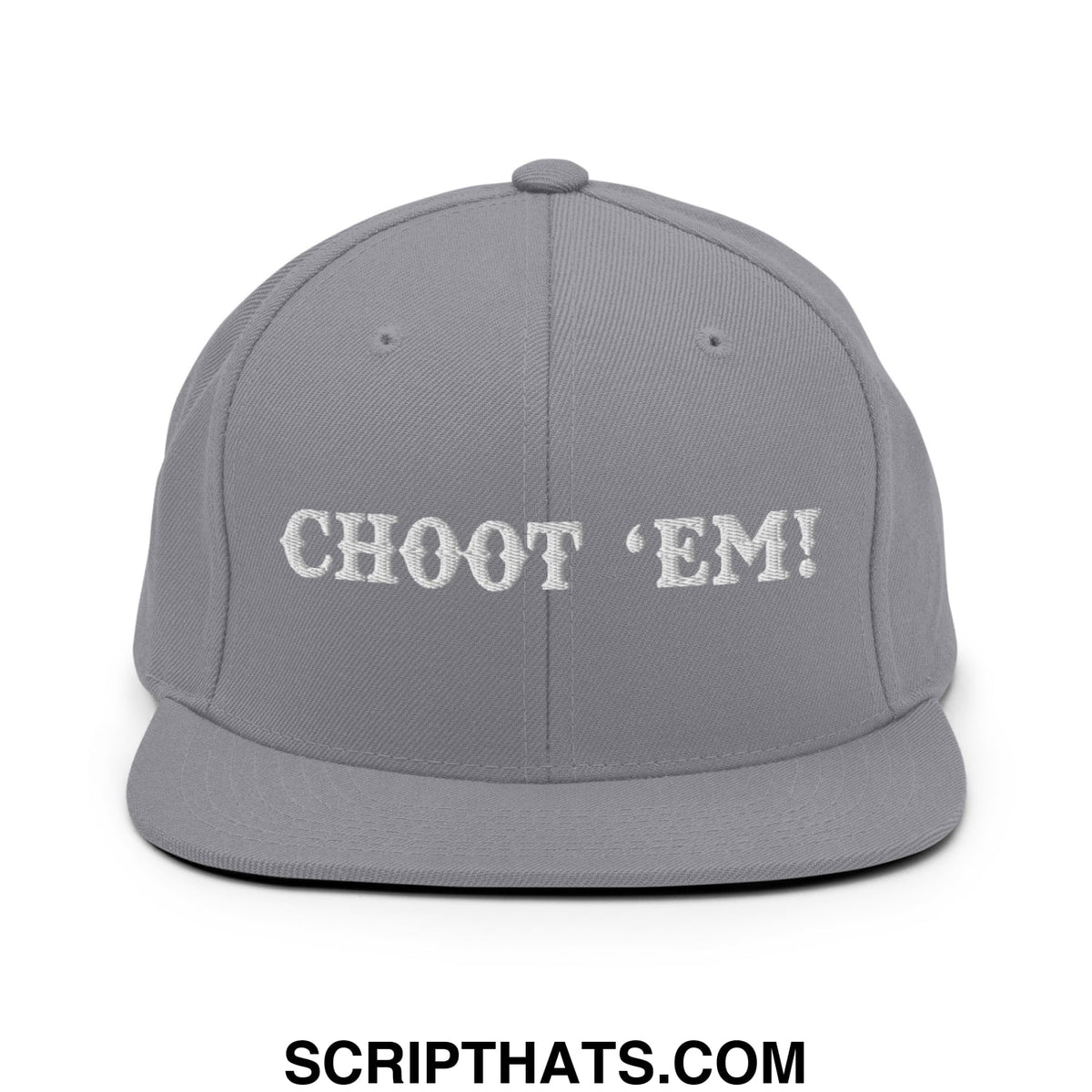 Gray snapback cap with white embroidered choot em text on the front flat bill brim for casual wear