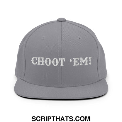 Gray snapback cap with white embroidered choot em text on the front flat bill brim for casual wear