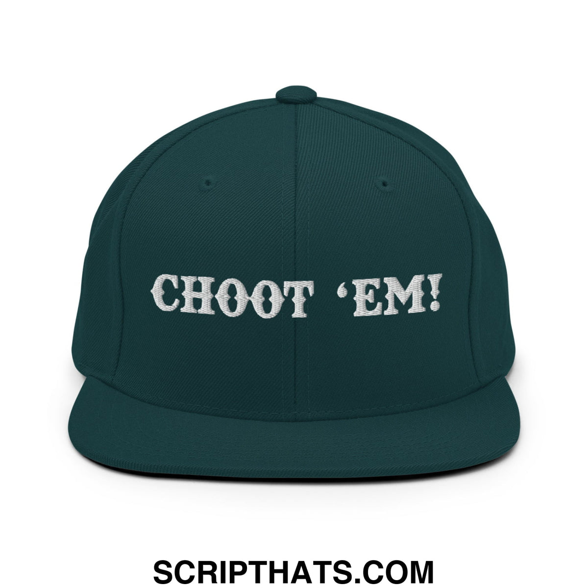 Dark green snapback hat with white embroidered choot em text and flat bill brim for casual wear