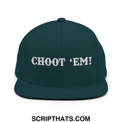 Dark green snapback hat with white embroidered choot em text and flat bill brim for casual wear