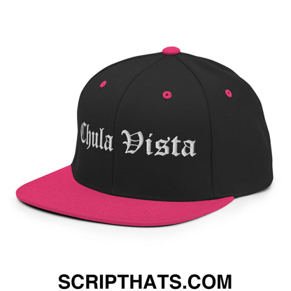 Chula Vista Old English Embroidered Flat Bill Brim Snapback Hat Black Neon Pink