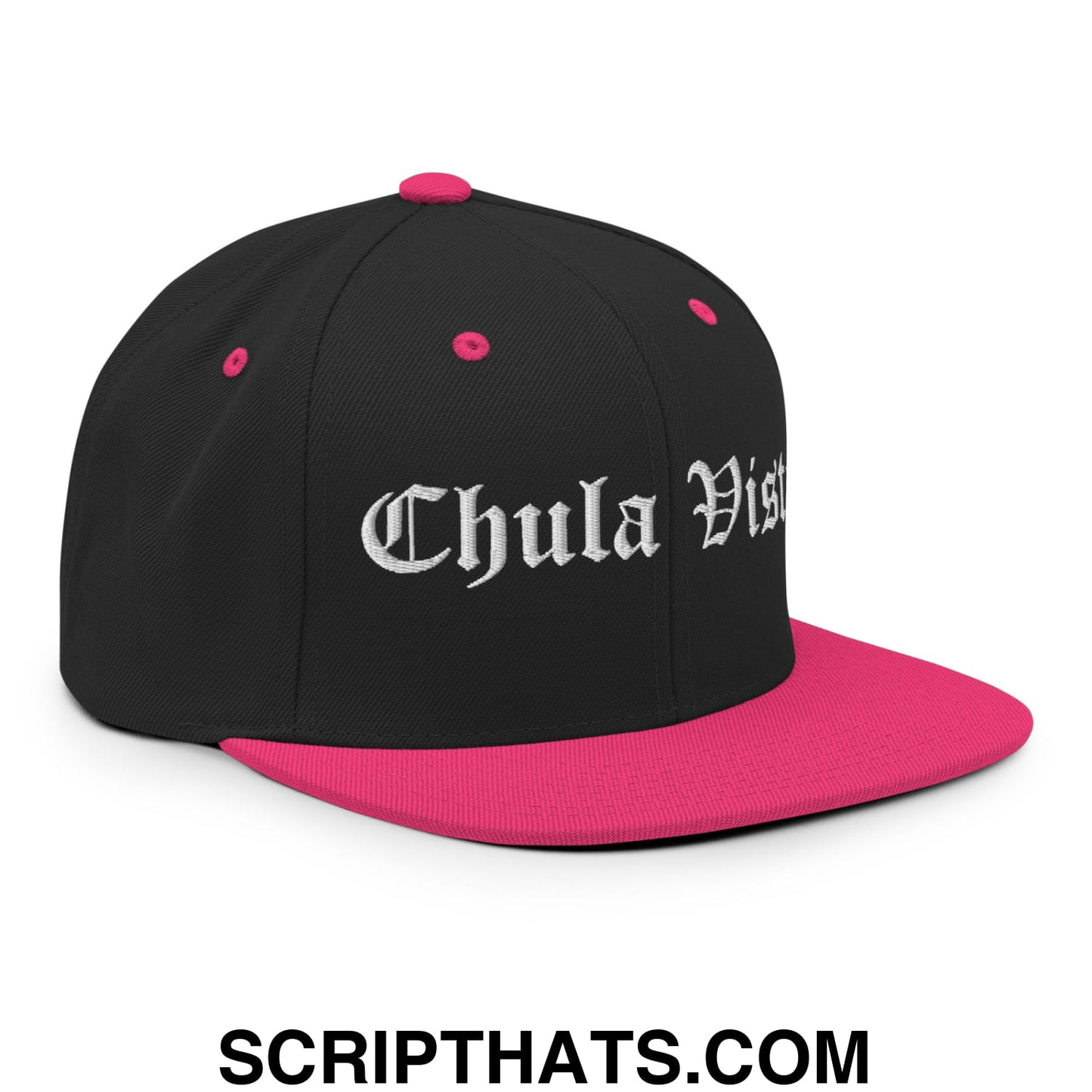 Chula Vista Old English Embroidered Flat Bill Brim Snapback Hat Black Neon Pink