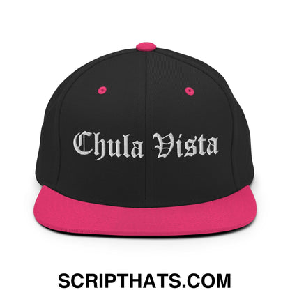 Chula Vista Old English Embroidered Flat Bill Brim Snapback Hat Black Neon Pink
