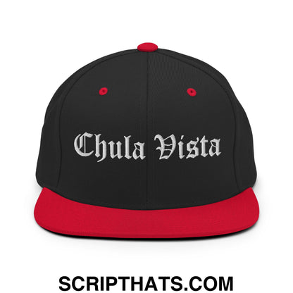 Chula Vista Old English Embroidered Flat Bill Brim Snapback Hat Black Red