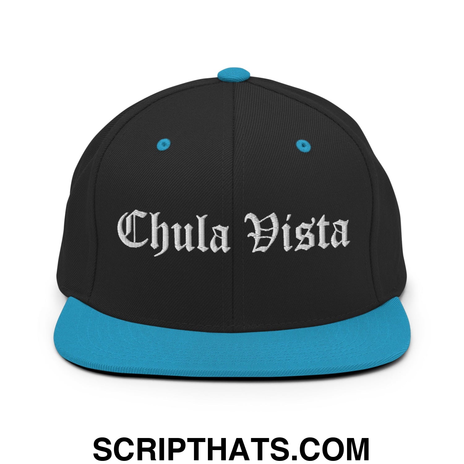 Chula Vista Old English Embroidered Flat Bill Brim Snapback Hat Black Teal