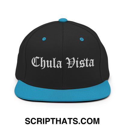 Chula Vista Old English Embroidered Flat Bill Brim Snapback Hat Black Teal