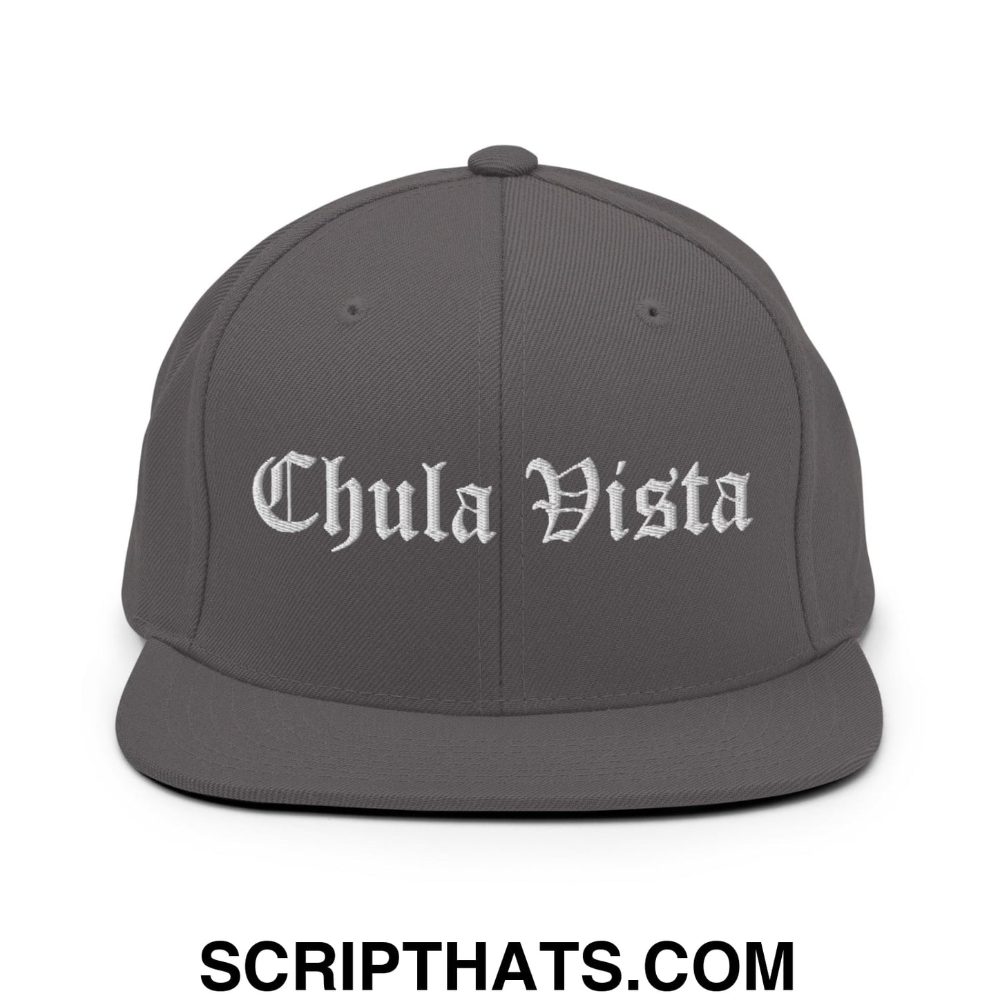 Chula Vista Old English Embroidered Flat Bill Brim Snapback Hat Dark Grey