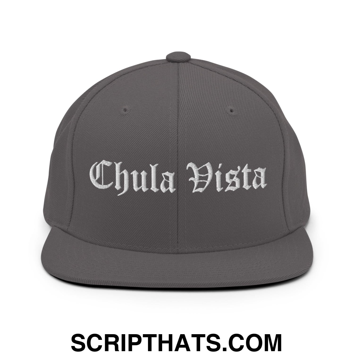 Chula Vista Old English Embroidered Flat Bill Brim Snapback Hat Dark Grey