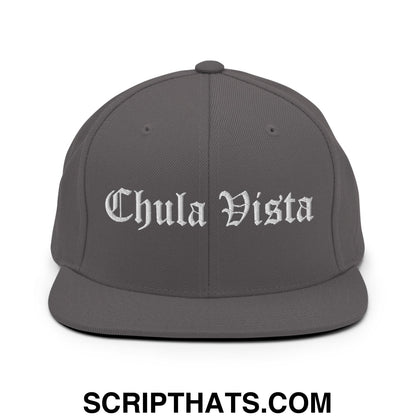 Chula Vista Old English Embroidered Flat Bill Brim Snapback Hat Dark Grey