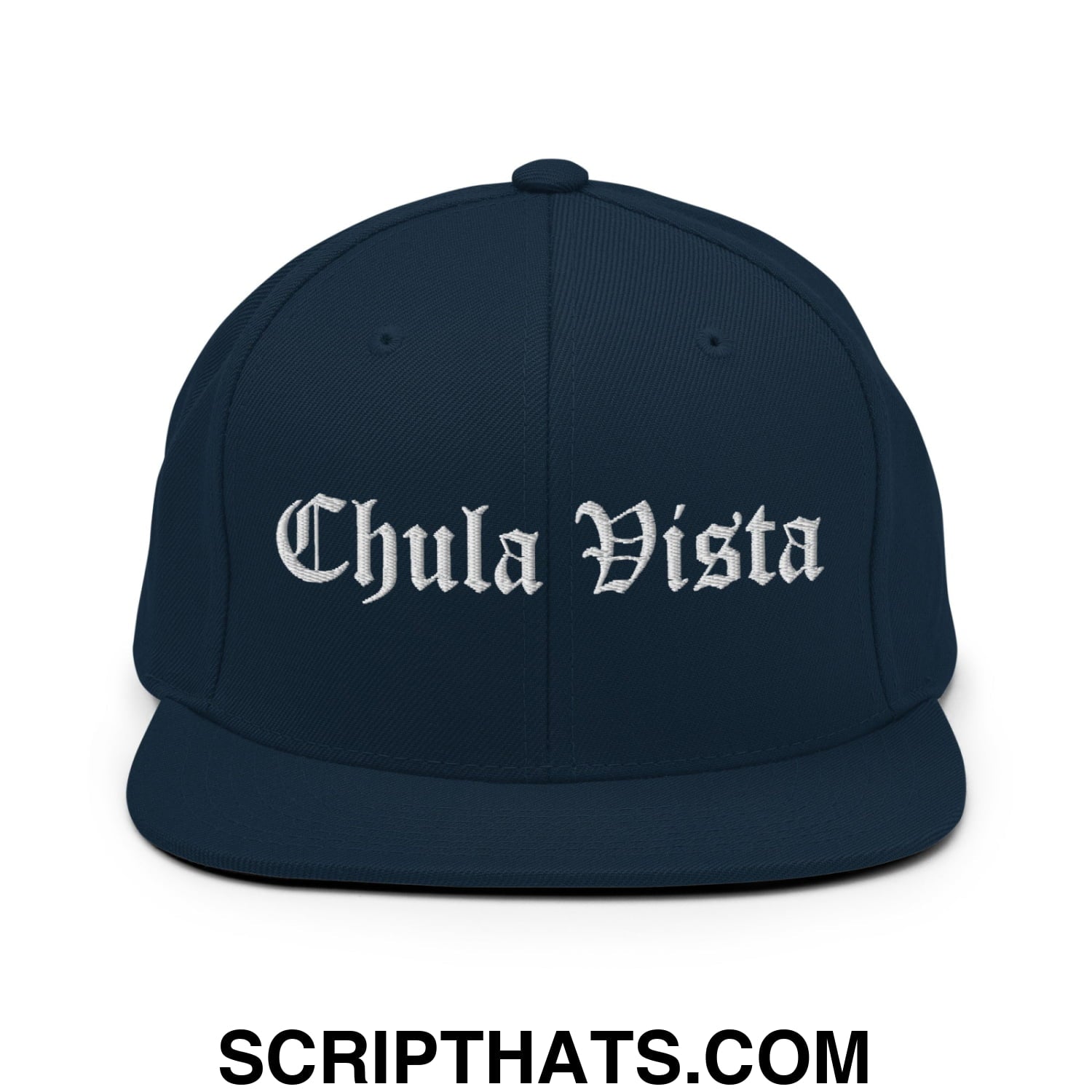 Chula Vista Old English Embroidered Flat Bill Brim Snapback Hat Dark Navy