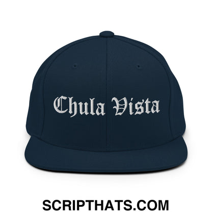 Chula Vista Old English Embroidered Flat Bill Brim Snapback Hat Dark Navy