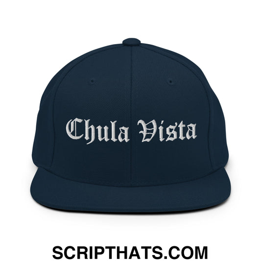 Chula Vista Old English Embroidered Flat Bill Brim Snapback Hat Dark Navy