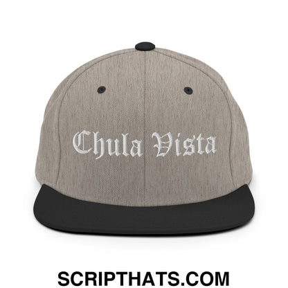 Chula Vista Old English Embroidered Flat Bill Brim Snapback Hat Heather Black
