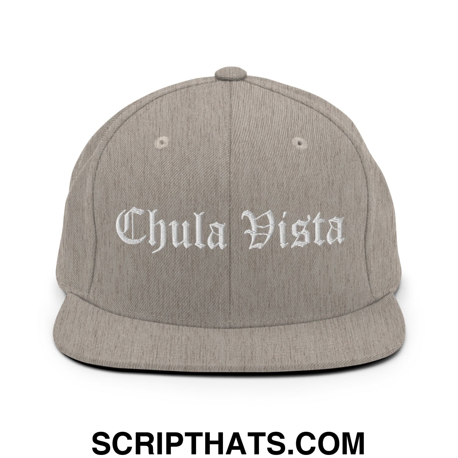 Chula Vista Old English Embroidered Flat Bill Brim Snapback Hat Heather Grey