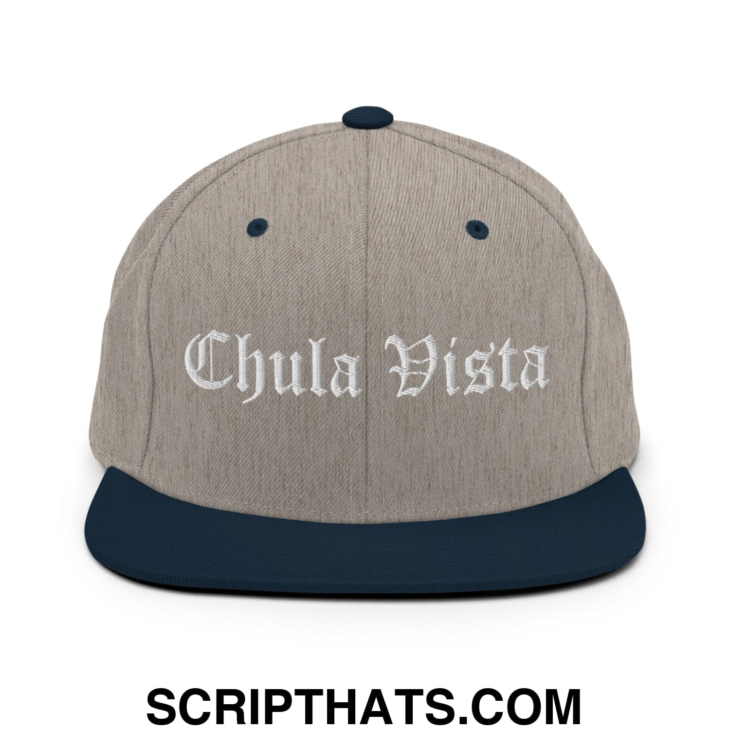 Chula Vista Old English Embroidered Flat Bill Brim Snapback Hat Heather Grey Navy