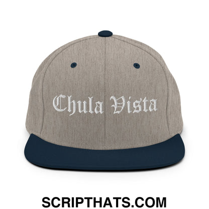 Chula Vista Old English Embroidered Flat Bill Brim Snapback Hat Heather Grey Navy