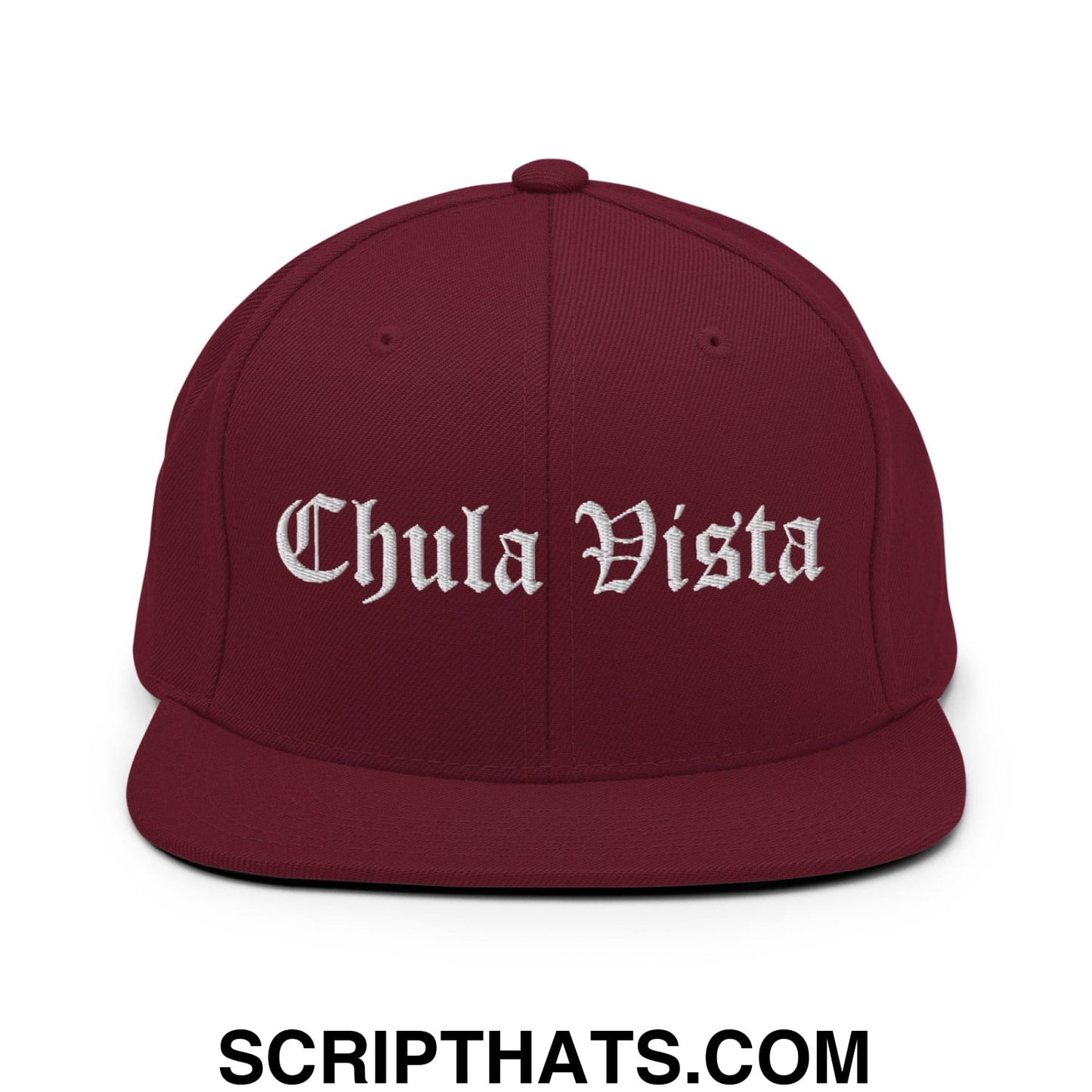 Chula Vista Old English Embroidered Flat Bill Brim Snapback Hat Maroon