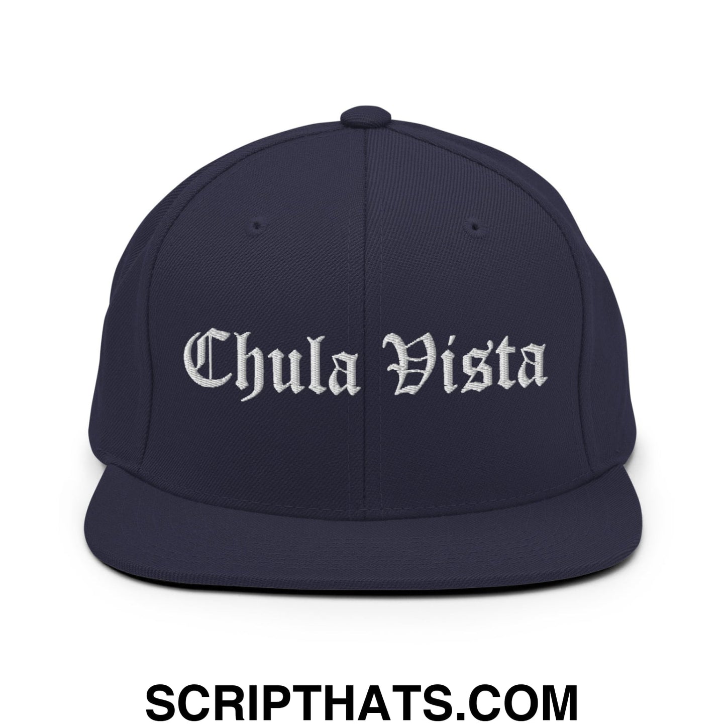 Chula Vista Old English Embroidered Flat Bill Brim Snapback Hat Navy