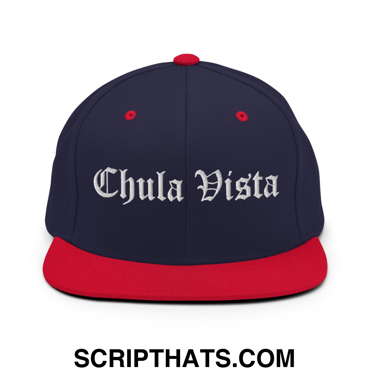 Chula Vista Old English Embroidered Flat Bill Brim Snapback Hat Navy Red
