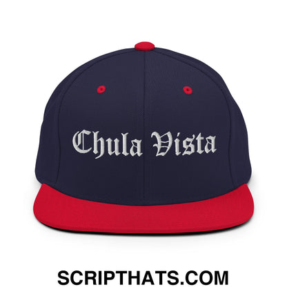 Chula Vista Old English Embroidered Flat Bill Brim Snapback Hat Navy Red