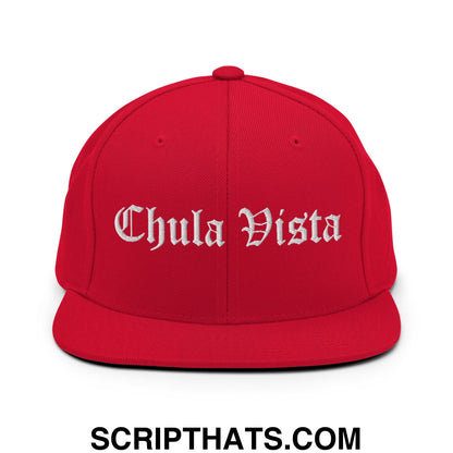Chula Vista Old English Embroidered Flat Bill Brim Snapback Hat Red