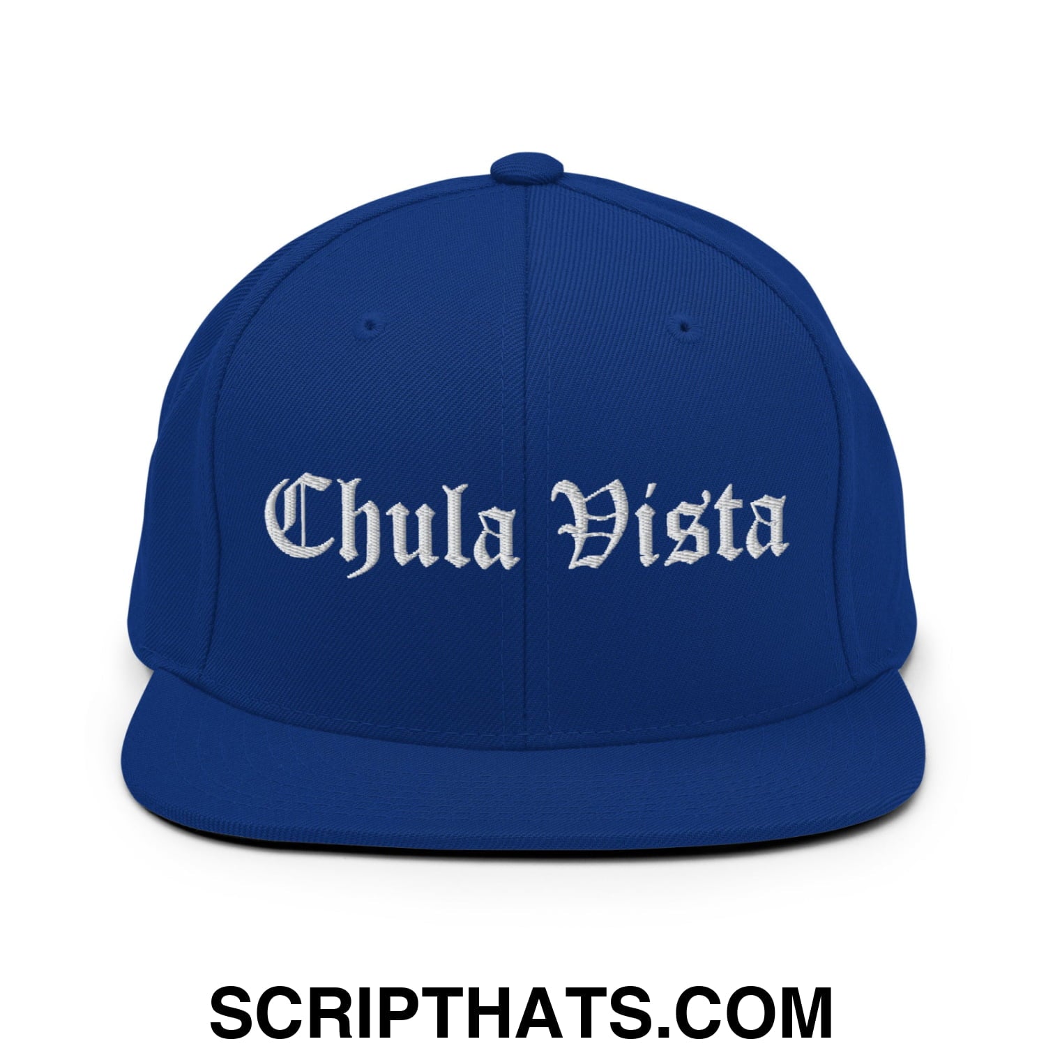 Chula Vista Old English Embroidered Flat Bill Brim Snapback Hat Royal Blue