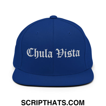 Chula Vista Old English Embroidered Flat Bill Brim Snapback Hat Royal Blue