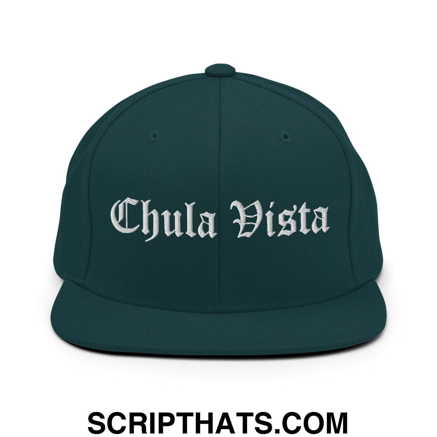 Chula Vista Old English Embroidered Flat Bill Brim Snapback Hat Spruce