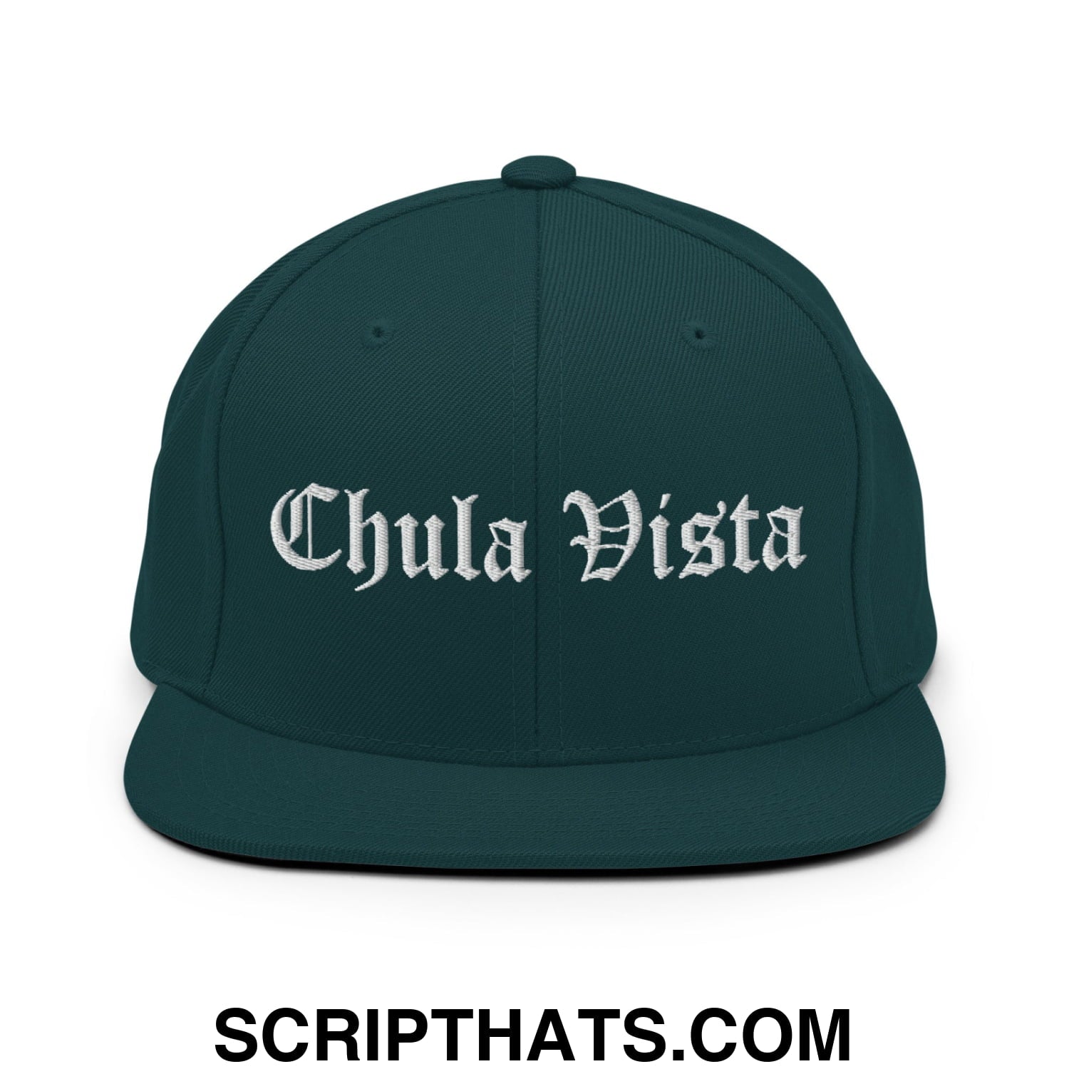 Chula Vista Old English Embroidered Flat Bill Brim Snapback Hat Spruce