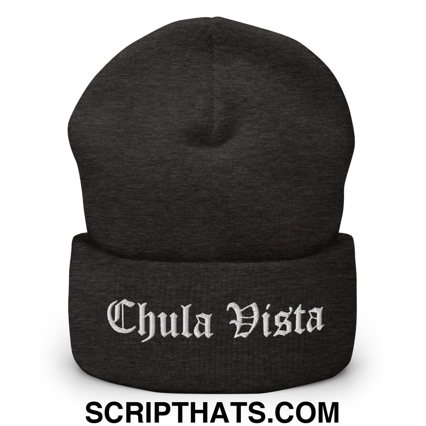 Chula Vista Old English Embroidered Knit Cuffed Beanie Dark Grey