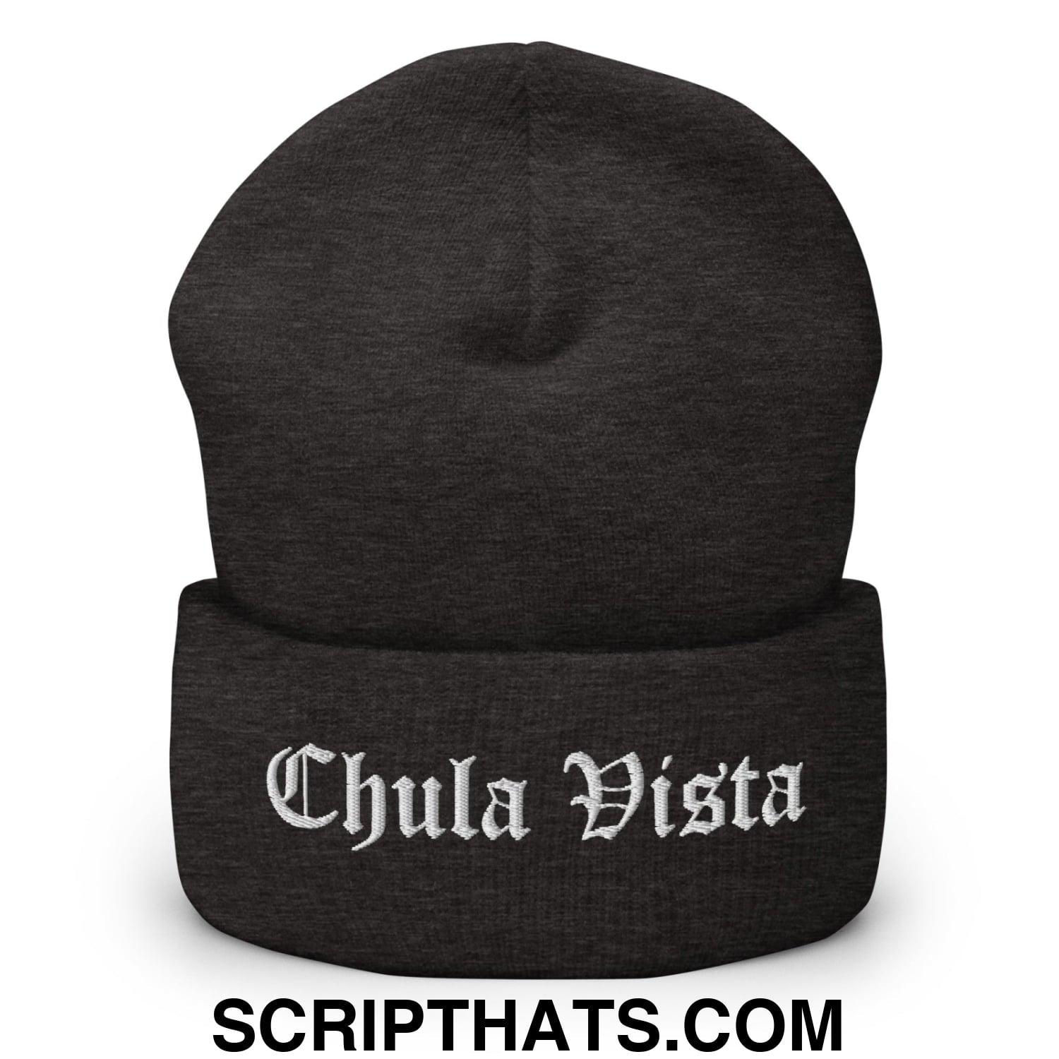 Chula Vista Old English Embroidered Knit Cuffed Beanie Dark Grey