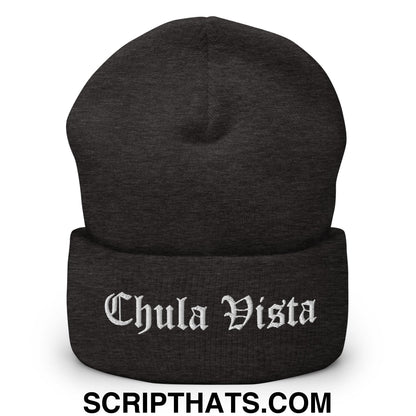 Chula Vista Old English Embroidered Knit Cuffed Beanie Dark Grey
