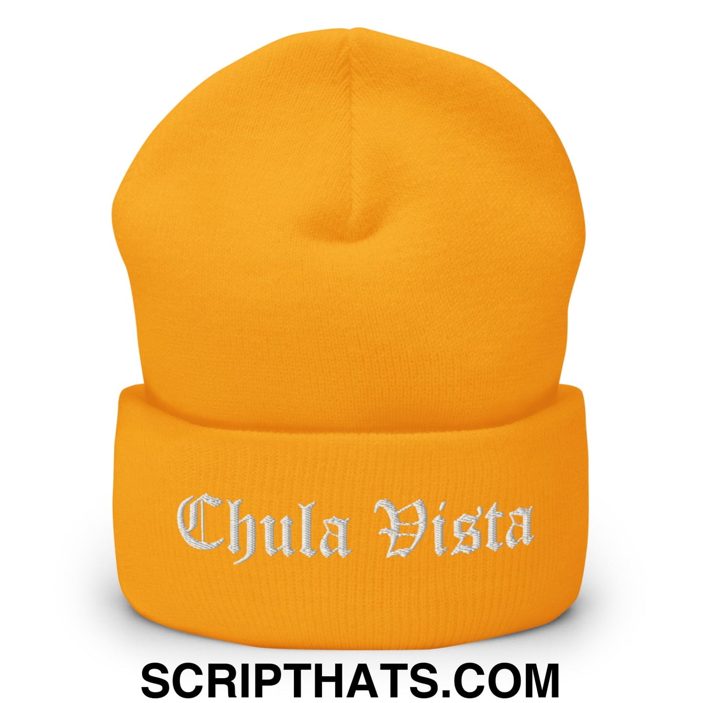 Chula Vista Old English Embroidered Knit Cuffed Beanie Gold